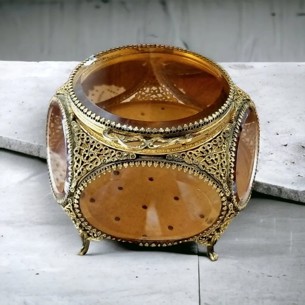 Vintage French Brass Filigree Amber Beveled Glass Ormulu Jewelry Box Casket